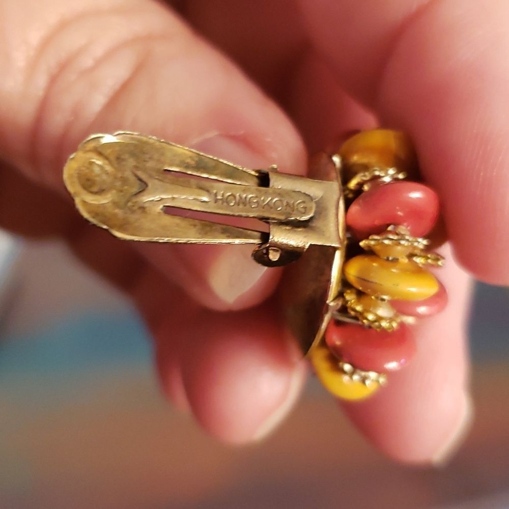 Vintage Orange Yellow Gold Fireworks Clip Earrings Costume Jewelry - Picture 5 of 5